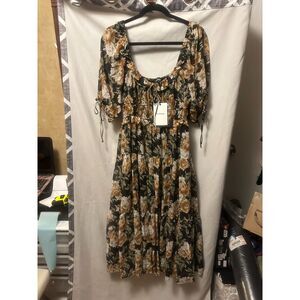 NWT En Saison Meadow Poplin Puff-Sleeve Tiered Midi Dress Floral Size Medium